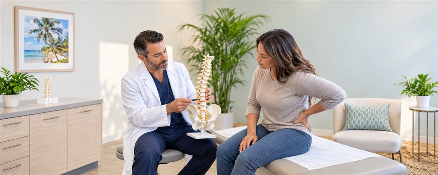 Tampa pain management doctor explaining epidural steroid injections with a spine model