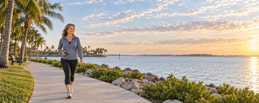 Tampa patient using a spinal cord stimulation trial controller during a waterfront walk
